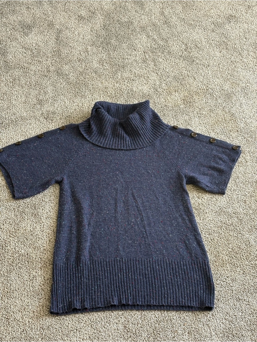 Navy Short-Sleeve Wool Blend Sweater with Button Shoulder Detail